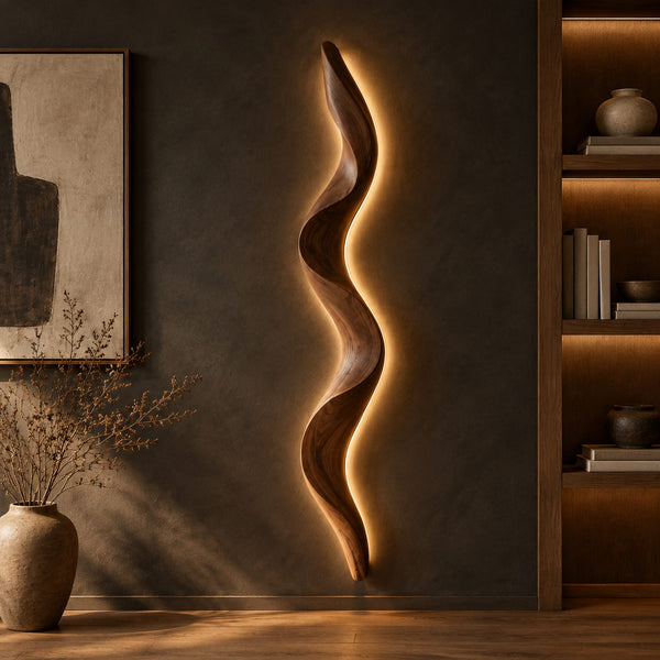 Wall Sconce With Tall Wavy Wood Body And Soft Back Glow