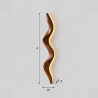 Wall Sconce With Tall Wavy Wood Body And Soft Back Glow dimension diagram with width, height and depth