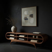 Warm grain capsule TV cabinet on splayed legs, three-quarter view showing the grain