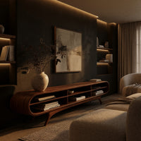 Warm grain capsule TV cabinet on splayed legs in a living room at golden hour