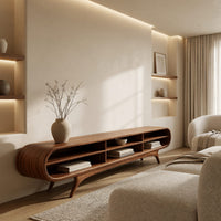 Warm grain capsule TV cabinet on splayed legs in a bright modern living room