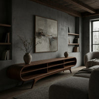 Warm grain capsule TV cabinet on splayed legs in a concrete and timber loft