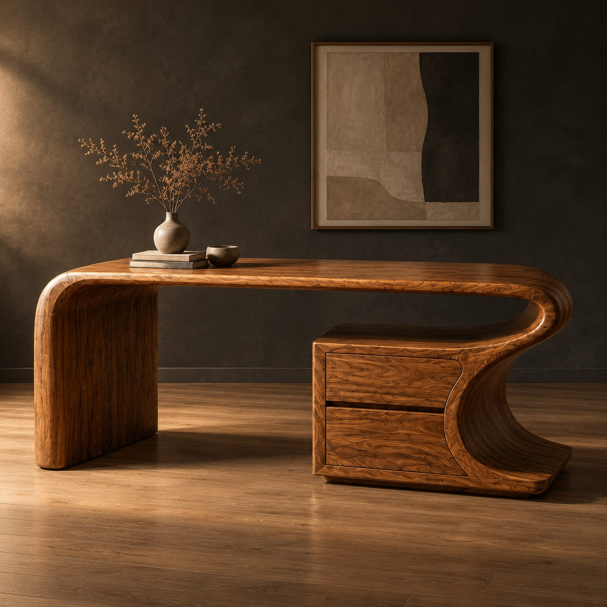 Sculpted wood desk with a waterfall side panel and a two drawer pedestal in a dark studio against a charcoal plaster wall