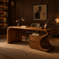 Sculpted wood desk with a waterfall side panel and a two drawer pedestal in an evening home office with walnut wall paneling