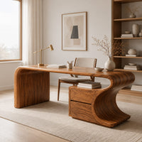 Sculpted wood desk with a waterfall side panel and a two drawer pedestal in a Scandinavian home office with white walls
