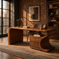 Sculpted wood desk with a waterfall side panel and a two drawer pedestal in an industrial loft home office with exposed brick