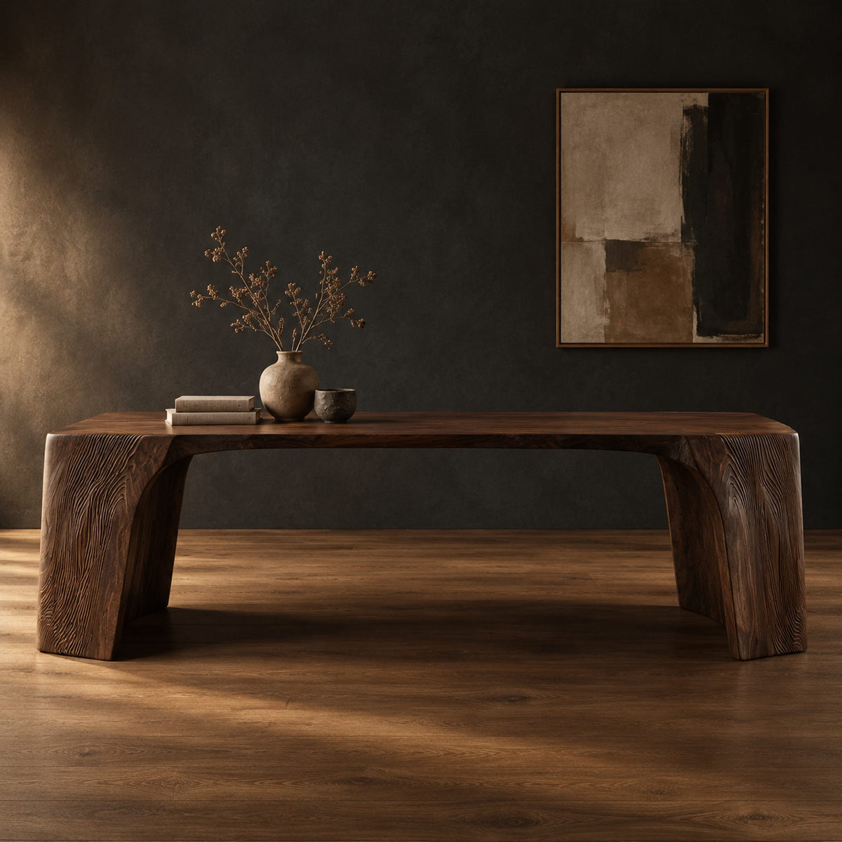 Waterfall dining table with carved grain slab ends and open space below in a dark studio against a charcoal plaster wall