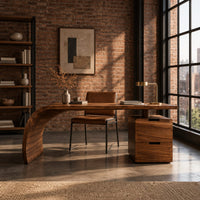 Desk with a sweeping waterfall leg and a two drawer pedestal in an industrial loft home office with exposed brick