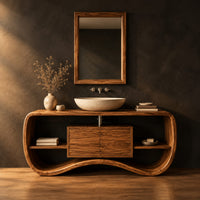 Bathroom vanity with a wave base, a small center cabinet and open side shelves in a dark studio against a charcoal plaster wall