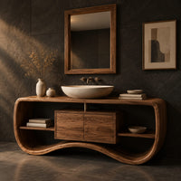 Bathroom vanity with a wave base, a small center cabinet and open side shelves, three-quarter view showing the grain