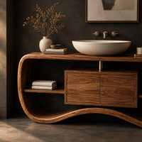 Corner detail of bathroom vanity with a wave base, a small center cabinet and open side shelves beside wood, brass and linen samples