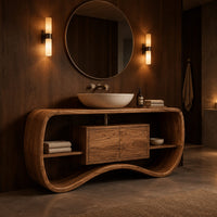 Bathroom vanity with a wave base, a small center cabinet and open side shelves in an evening bathroom with walnut wall paneling