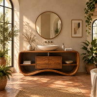 Bathroom vanity with a wave base, a small center cabinet and open side shelves in a bright bathroom with arched windows and plants