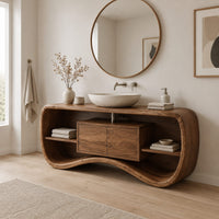 Bathroom vanity with a wave base, a small center cabinet and open side shelves in a Scandinavian bathroom with white walls