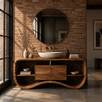 Bathroom vanity with a wave base, a small center cabinet and open side shelves in an industrial loft bathroom with exposed brick