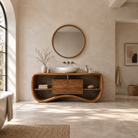Bathroom vanity with a wave base, a small center cabinet and open side shelves in a bright open plan bathroom