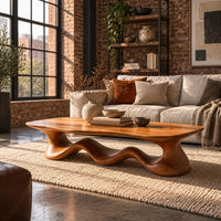 Coffee table with a freeform slab top on a rolling wave shaped base in an industrial loft living room with exposed brick