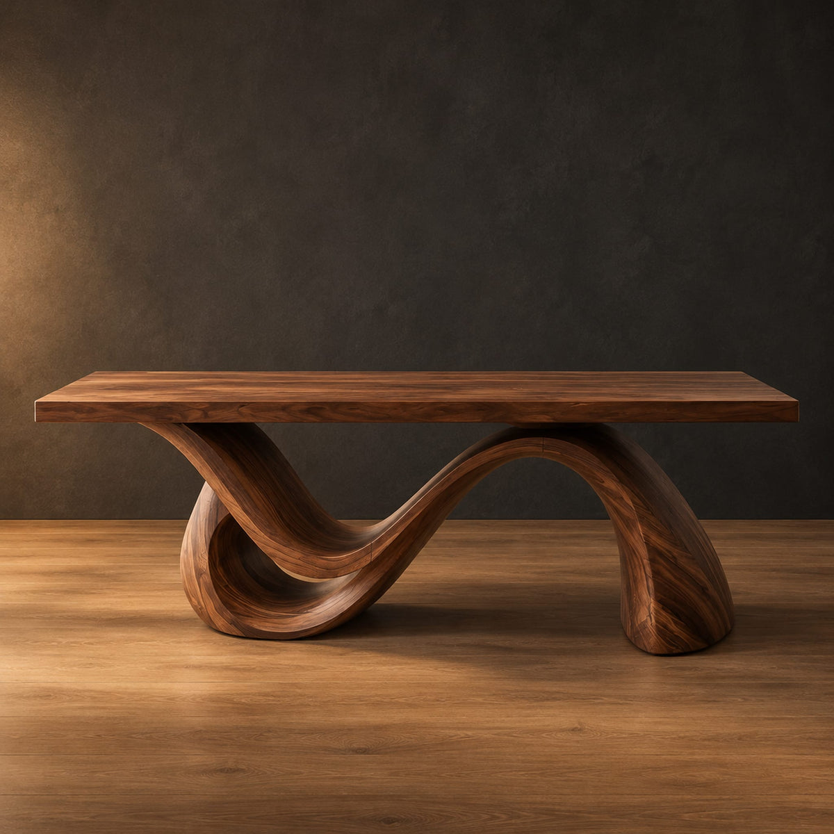 Rectangular desk on a single flowing wave shaped wood base in a dark studio against a charcoal plaster wall