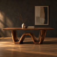 Rectangular dining table on a thick wave shaped base in a dark studio against a charcoal plaster wall