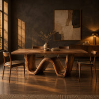 Rectangular dining table on a thick wave shaped base in a dark dining room at golden hour