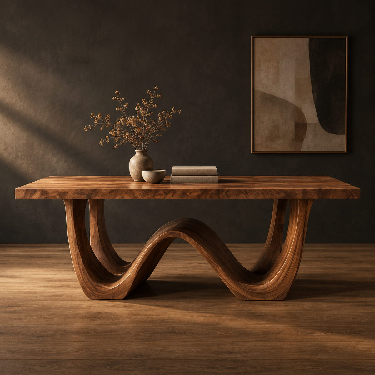 Rectangular dining table with a wave shaped base and open arch ends in a dark studio against a charcoal plaster wall