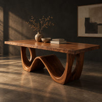 Rectangular dining table with a wave shaped base and open arch ends, three-quarter view showing the grain