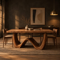 Rectangular dining table with a wave shaped base and open arch ends in a dark dining room at golden hour