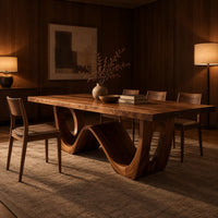 Rectangular dining table with a wave shaped base and open arch ends in an evening dining room with walnut wall paneling