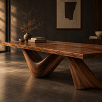 Corner detail of rectangular dining table with a thick slab top on two ribbon like wave legs beside wood, brass and linen samples