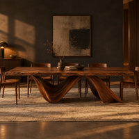 Rectangular dining table with a thick slab top on two ribbon like wave legs in a dark dining room at golden hour