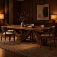 Rectangular dining table with a thick slab top on two ribbon like wave legs in an evening dining room with walnut wall paneling