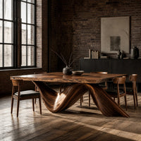 Rectangular dining table with a thick slab top on two ribbon like wave legs in an industrial loft dining room with exposed brick