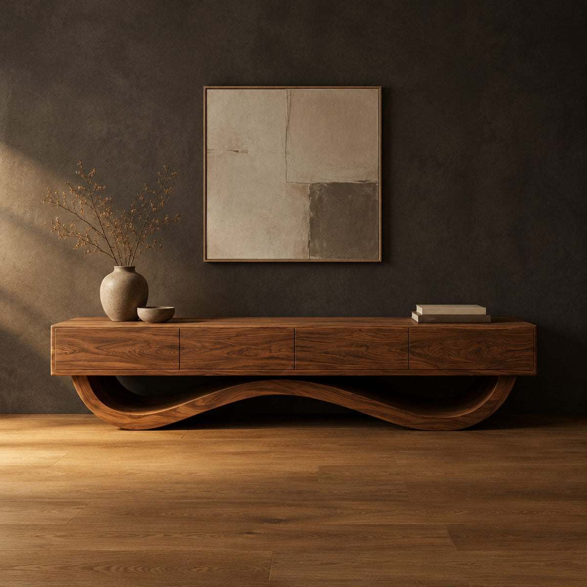 Long tv stand with four flush front panels on a wave shaped base in a dark studio against a charcoal plaster wall