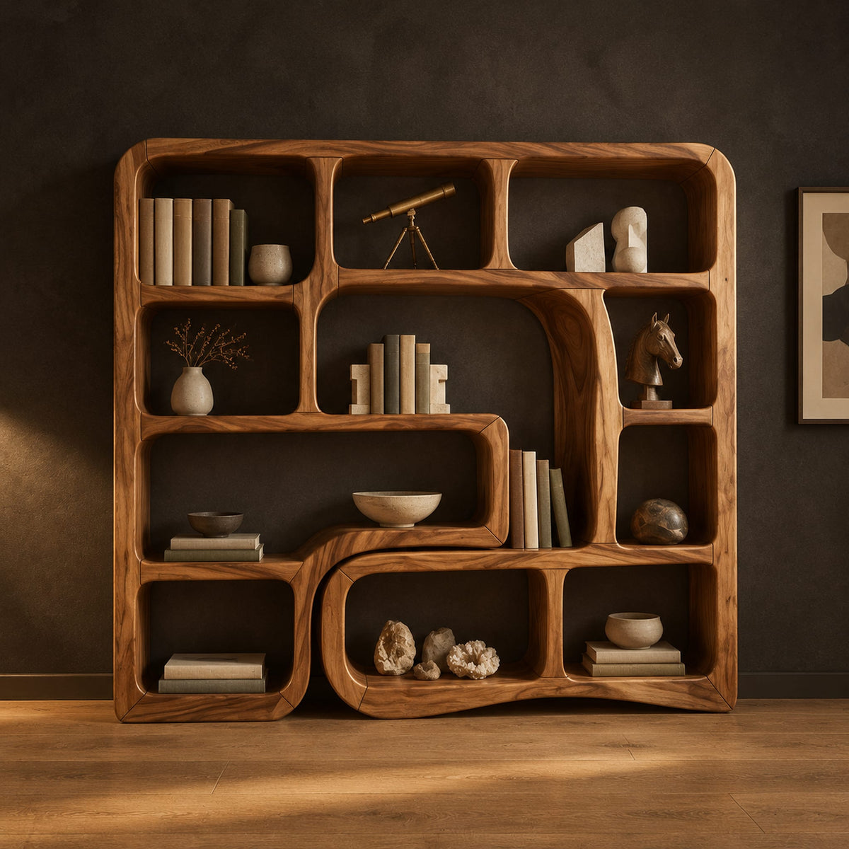Bookshelf with flowing wave dividers and open cubbies of mixed sizes in a dark studio against a charcoal plaster wall