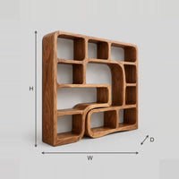 Wave Bookshelf With Flowing Dividers And Mixed Size Cubbies dimension diagram with width, height and depth