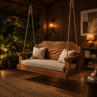 Wooden swing with a wave carved back and a long seat cushion in an evening porch with walnut wall paneling