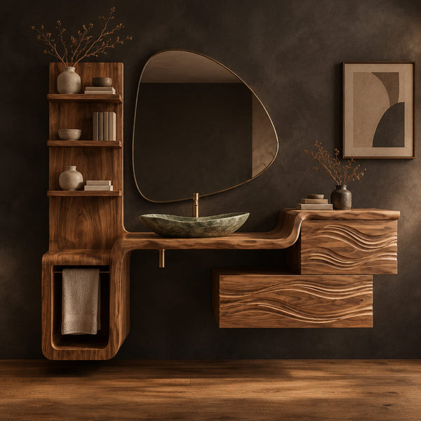 Wave Carved Bathroom Vanity With Tall Shelf Tower And Towel Niche