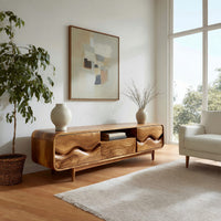 Mid century TV cabinet with wave carved doors in a sunlit room with large windows and plants