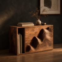 End table with a carved wave front and an open side compartment, three-quarter view showing the grain