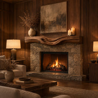 Thick wood fireplace mantel with a wave carved front and flowing grain in an evening living room with walnut wall paneling