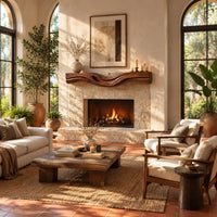 Thick wood fireplace mantel with a wave carved front and flowing grain in a bright living room with arched windows and plants
