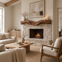 Thick wood fireplace mantel with a wave carved front and flowing grain in a Scandinavian living room with white walls
