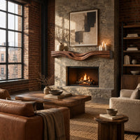 Thick wood fireplace mantel with a wave carved front and flowing grain in an industrial loft living room with exposed brick