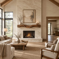Thick wood fireplace mantel with a wave carved front and flowing grain in a bright open plan living room