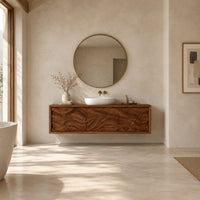 Long floating bathroom vanity cabinet with three wave carved front panels in a bright open plan bathroom