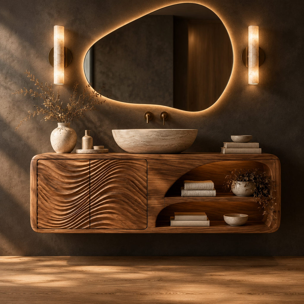 Floating bathroom vanity with wave carved doors and an open shelf bay in a dark studio against a charcoal plaster wall