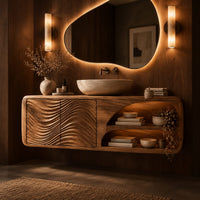 Floating bathroom vanity with wave carved doors and an open shelf bay in an evening bathroom with walnut wall paneling