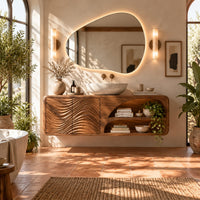 Floating bathroom vanity with wave carved doors and an open shelf bay in a bright bathroom with arched windows and plants