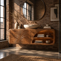 Floating bathroom vanity with wave carved doors and an open shelf bay in an industrial loft bathroom with exposed brick