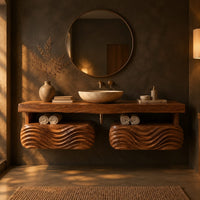 Floating vanity with a thick slab top over two wave carved pods in a dark bathroom at golden hour